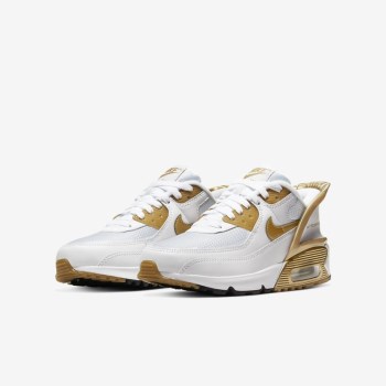 Nike Air Max 90 FlyEase - Nagyobb Gyerek Utcai Cipő - Fehér/Fehér/Fekete/Metal Arany